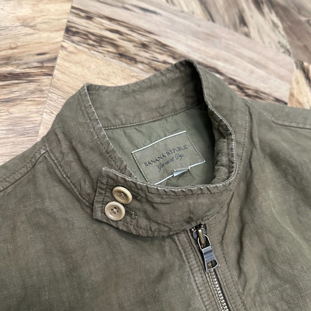 VTG 00s Y2K Banana Republic Garment Dyed Olive Green Linen Field Jacket Men's XL - Picture 15 of 15